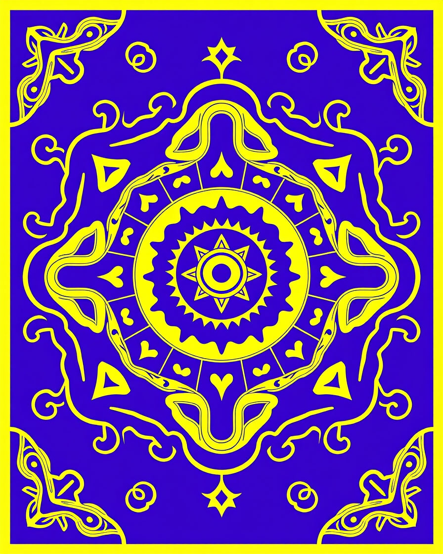 Bold Yellow Sunburst Medallion Blue Rug