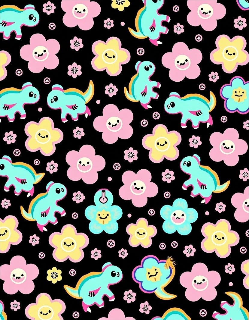 Cute Teal Dinosaurs Pink Yellow Flowers Rug