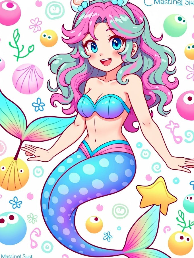 Kawaii Mermaid Rainbow Scales Bubbles Rug