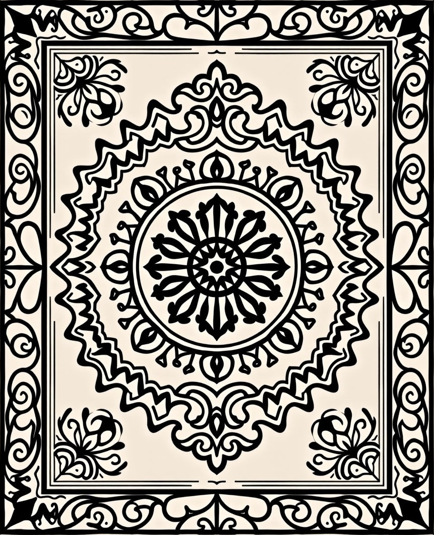 Cream Black Intricate Floral Medallion Rug