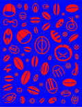 Red Abstract Oval Shapes on Blue Rug