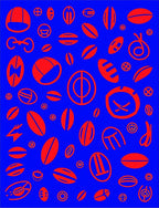 Red Abstract Oval Shapes on Blue Rug