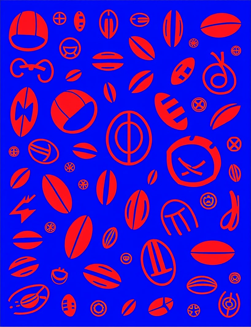 Red Abstract Oval Shapes on Blue Rug