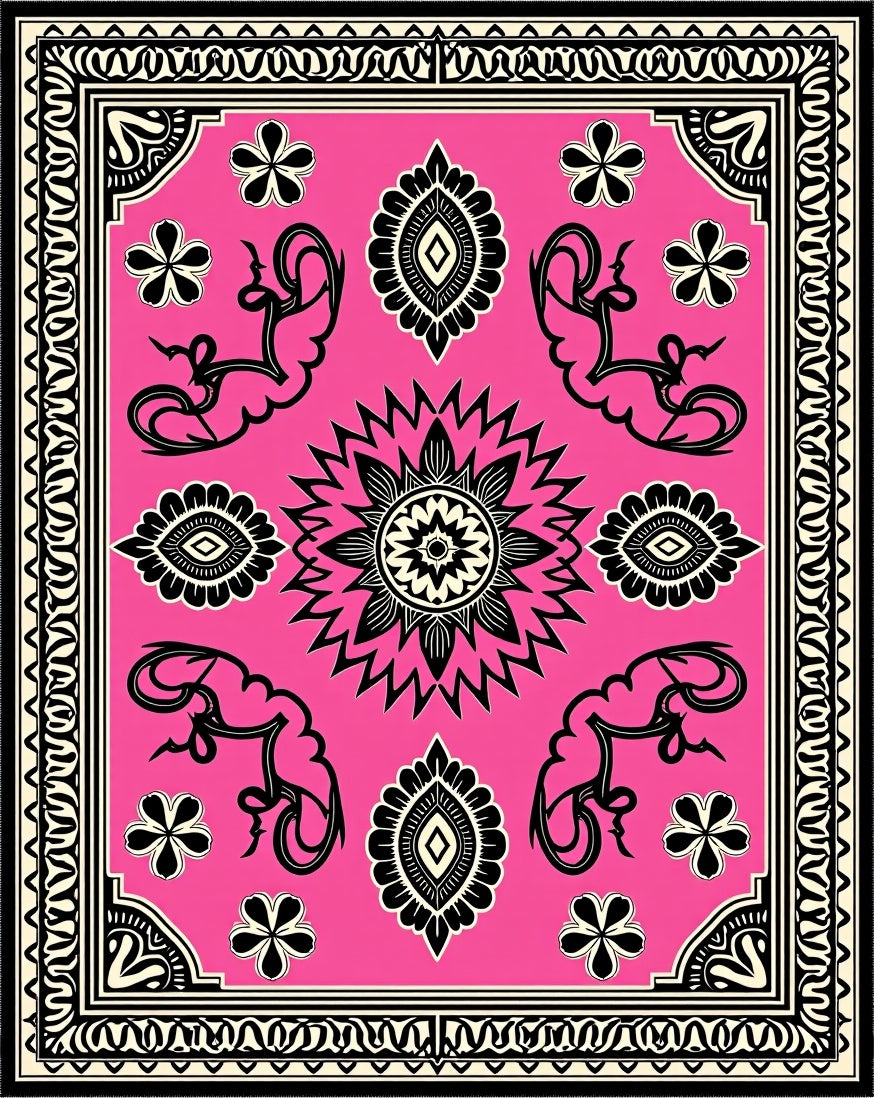 Bright Pink Folk Animal Medallion Rug