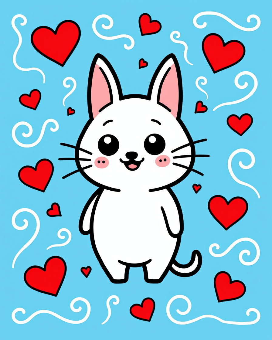 Cute White Cat Red Hearts Swirls Rug