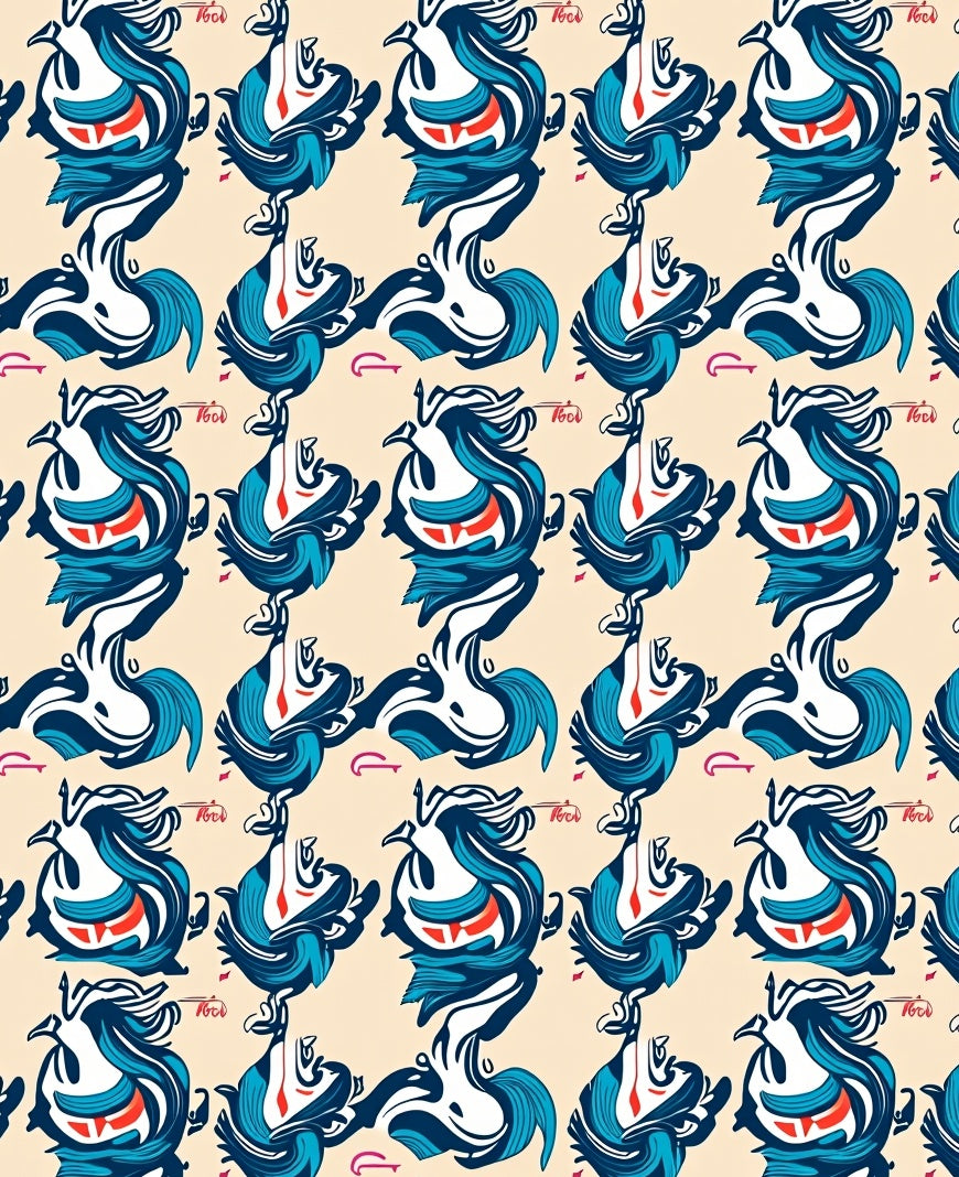 Dynamic Blue Red Bird Swirl Arrangement Rug