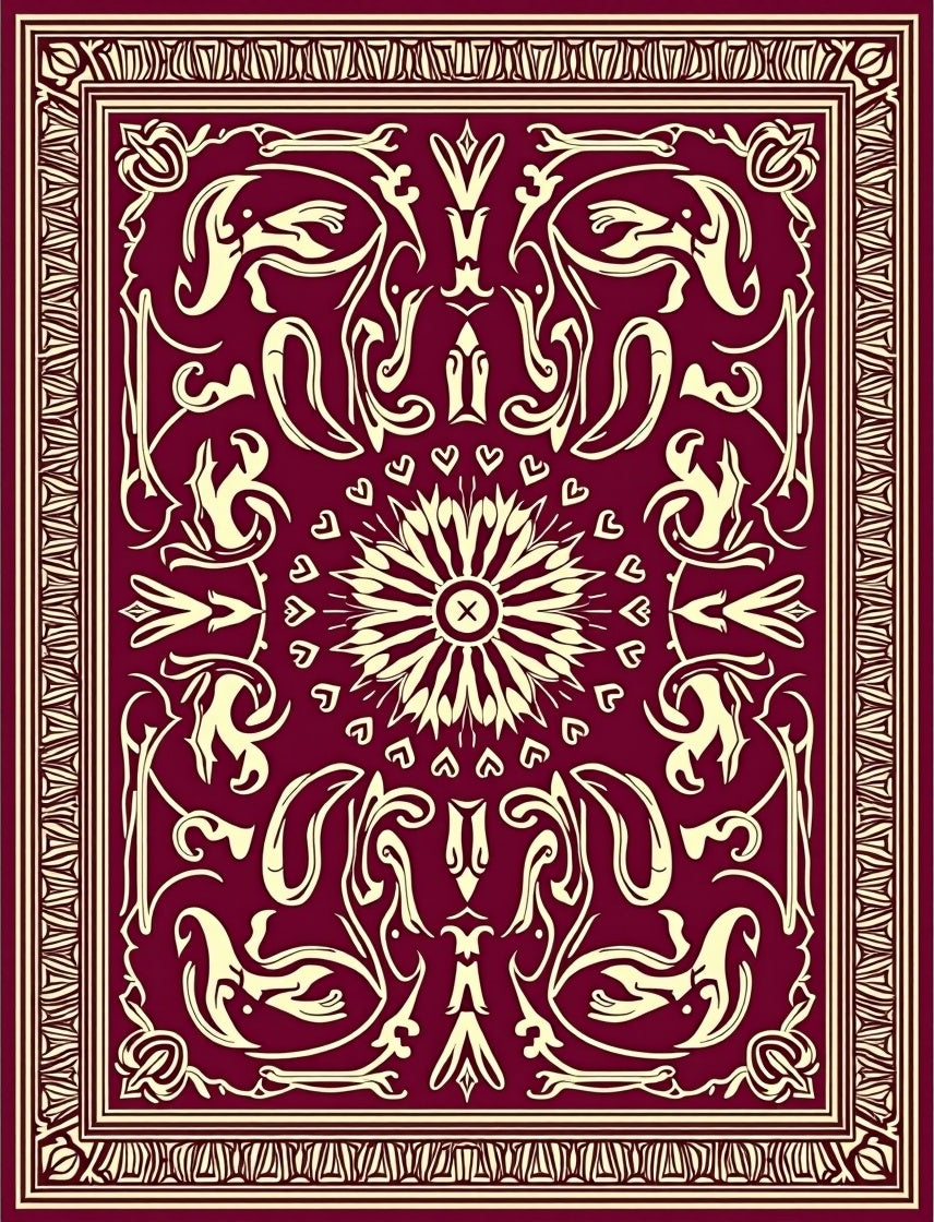 Crimson Golden Floral Symmetry Rug