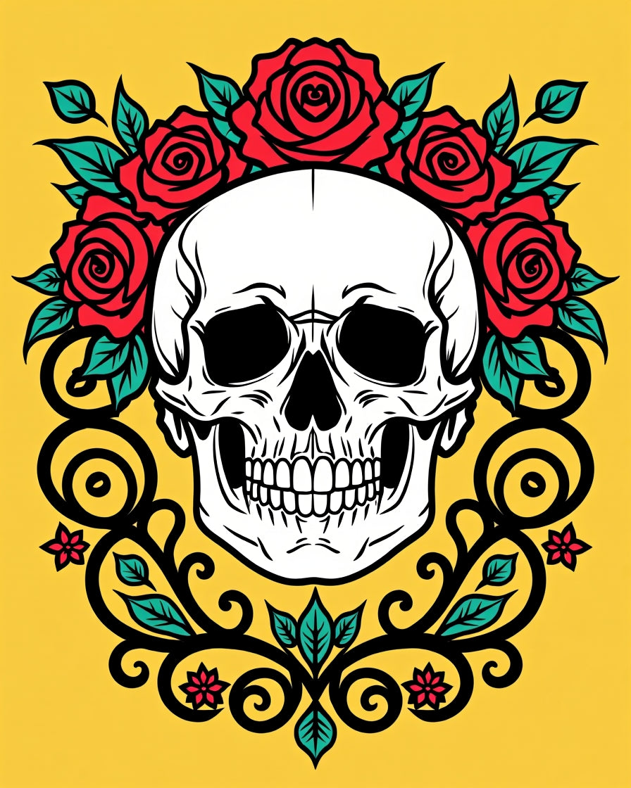 Red Rose Skull Tattoo Art Rug