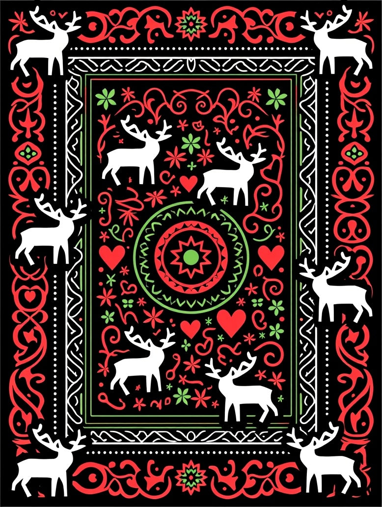 Festive Red Green Deer Floral Accents Rug