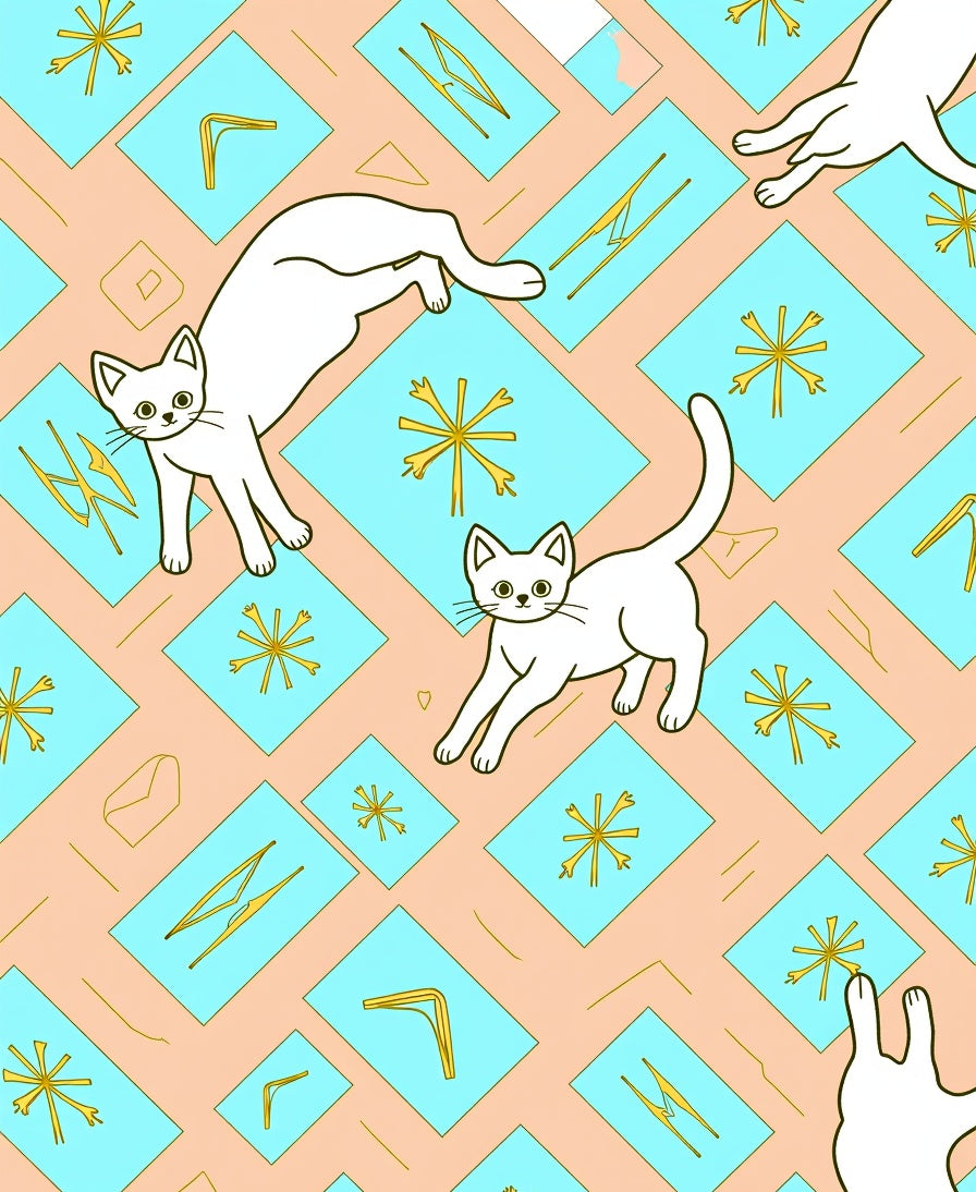 Peach Blue Whimsical White Kitty Collage Rug