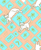 Peach Blue Whimsical White Kitty Collage Rug