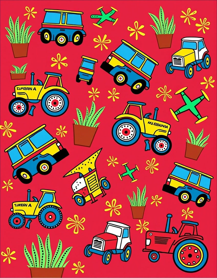 Whimsical Toy Vehicles and Flowers Rug