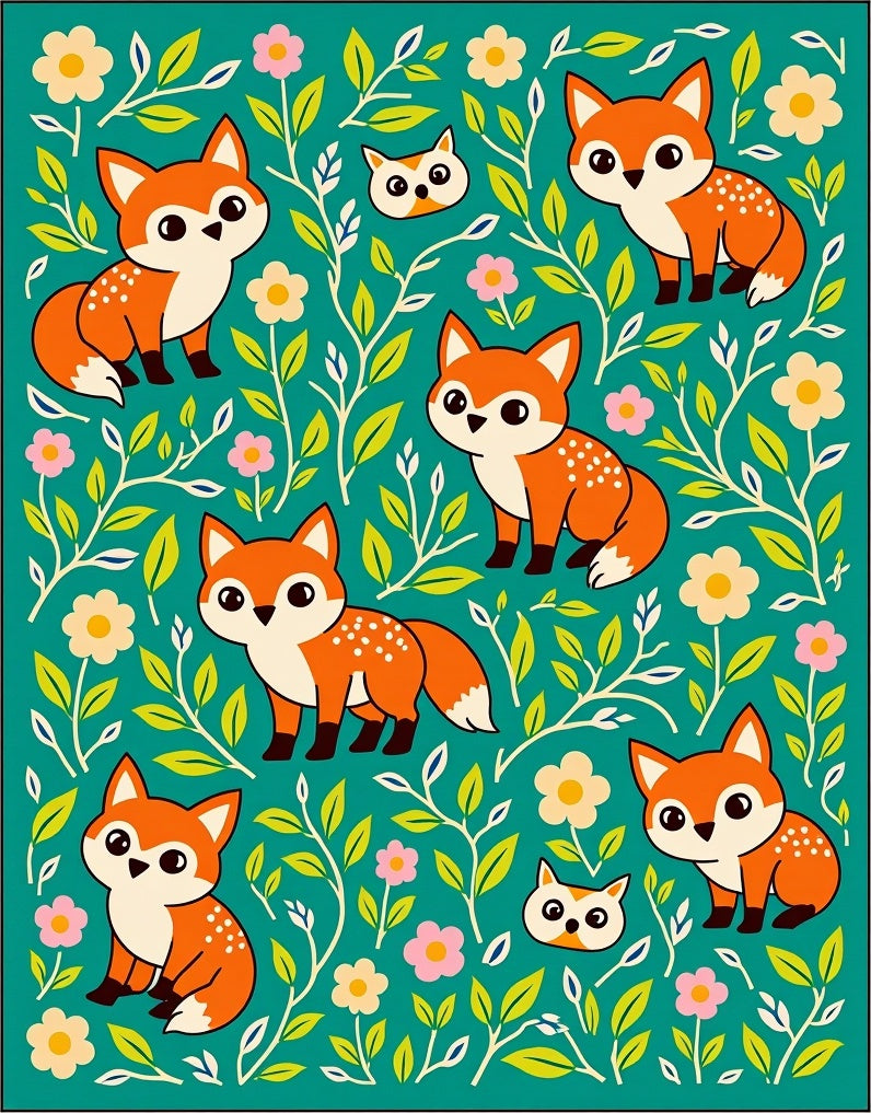Teal Fox Foliage Whimsical Charm Rug