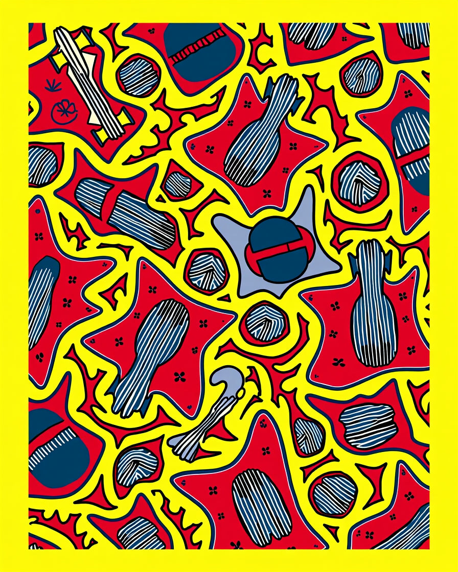 Bold Red Yellow Abstract Figure Collage Rug