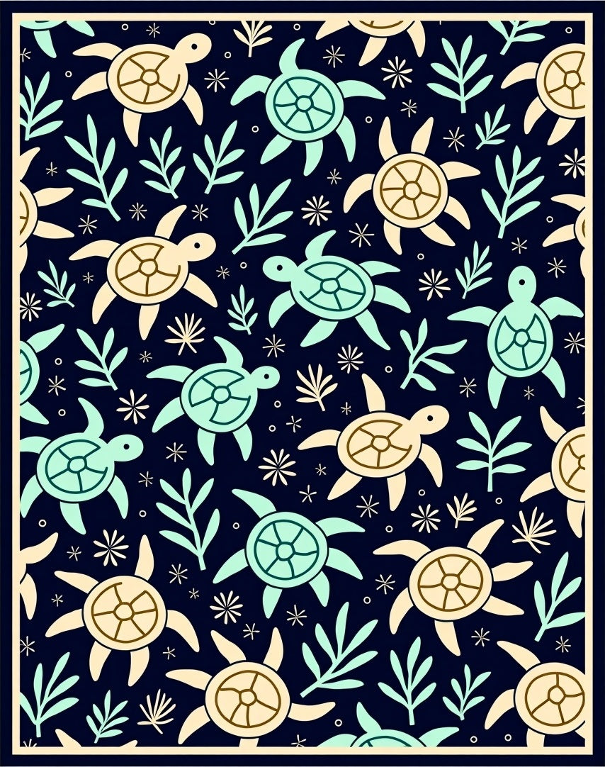 Sea Turtle Navy Cream Aqua Foliage Rug