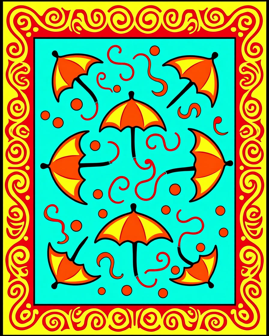 Yellow Orange Umbrella Fun Border Rug