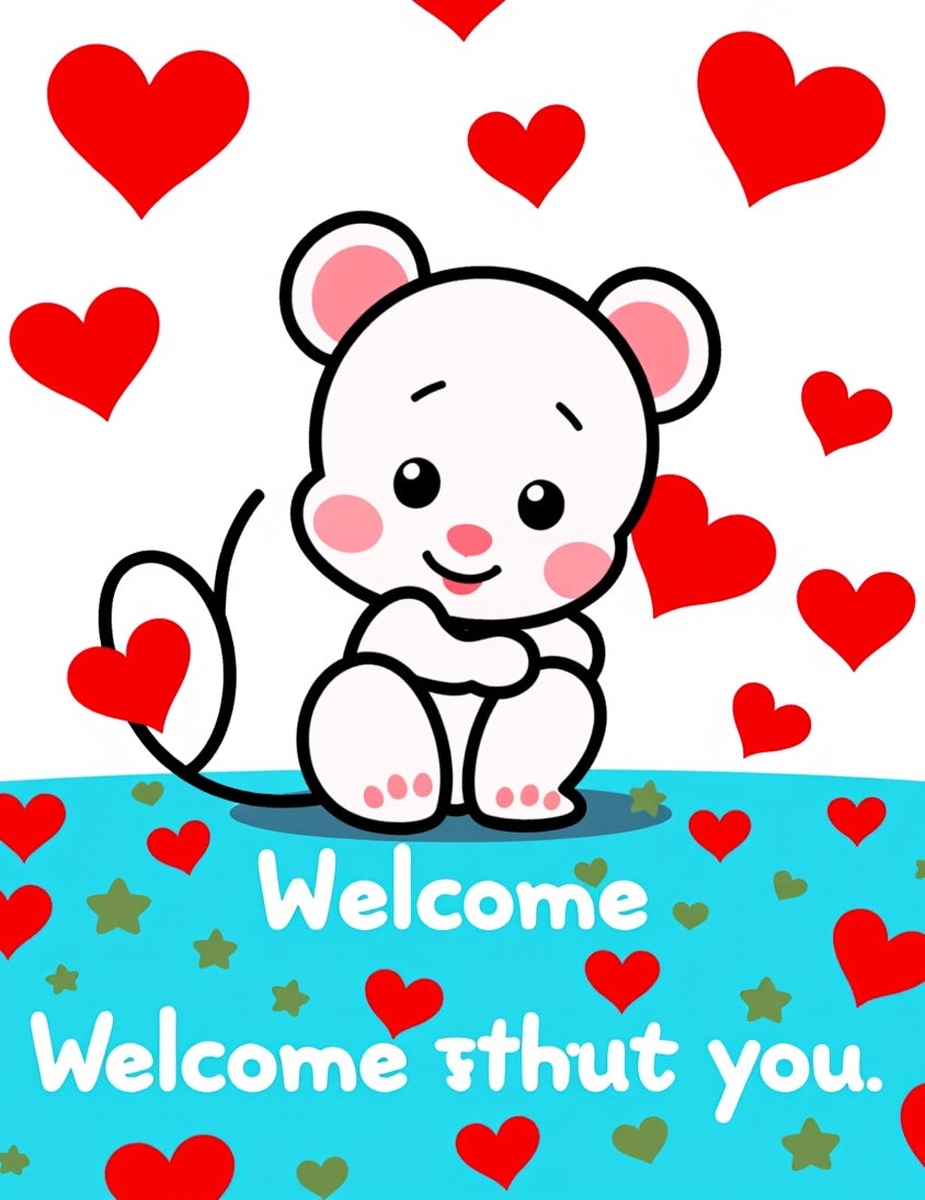 Cute White Mouse Red Hearts Background Rug