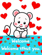 Cute White Mouse Red Hearts Background Rug