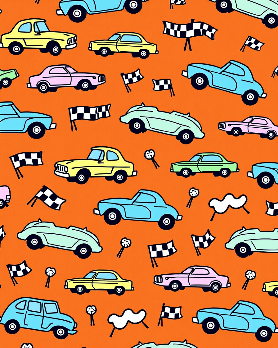 Retro Cars Race Flags Whimsical Rug