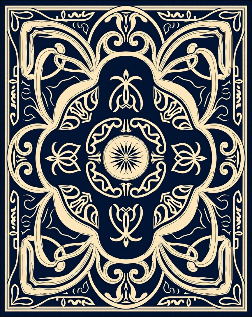 Navy Blue Ornate Floral Medallion Rug