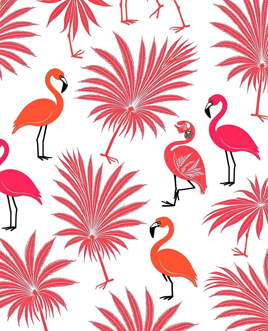 Coral Flamingos and Palm Fronds Rug