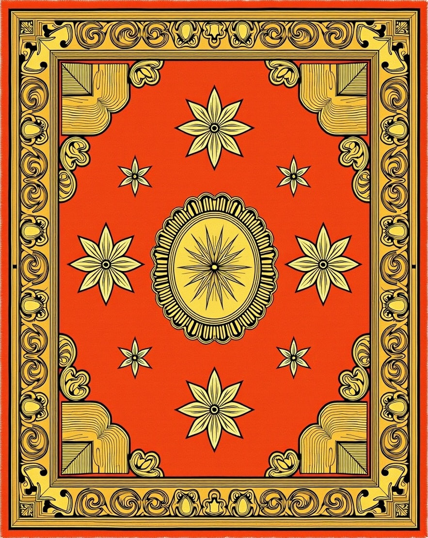 Vibrant Orange Yellow Floral Medallion Rug