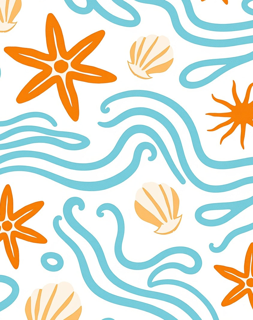 Orange Starfish Blue Wave Seashell Art Rug