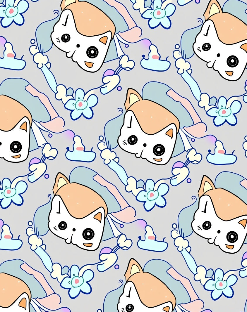 Whimsical Cat and Flower Pastel Abstract Rug