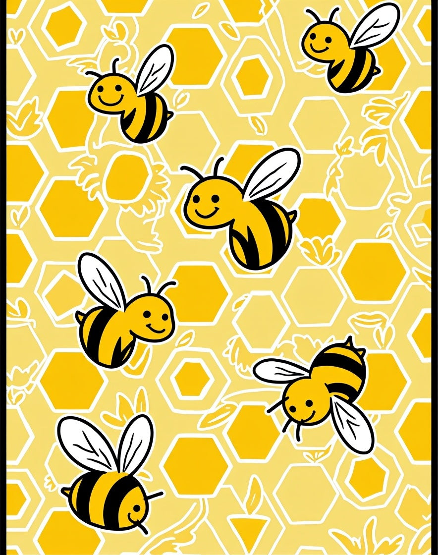 Happy Yellow Bee Honeycomb Collage Rug