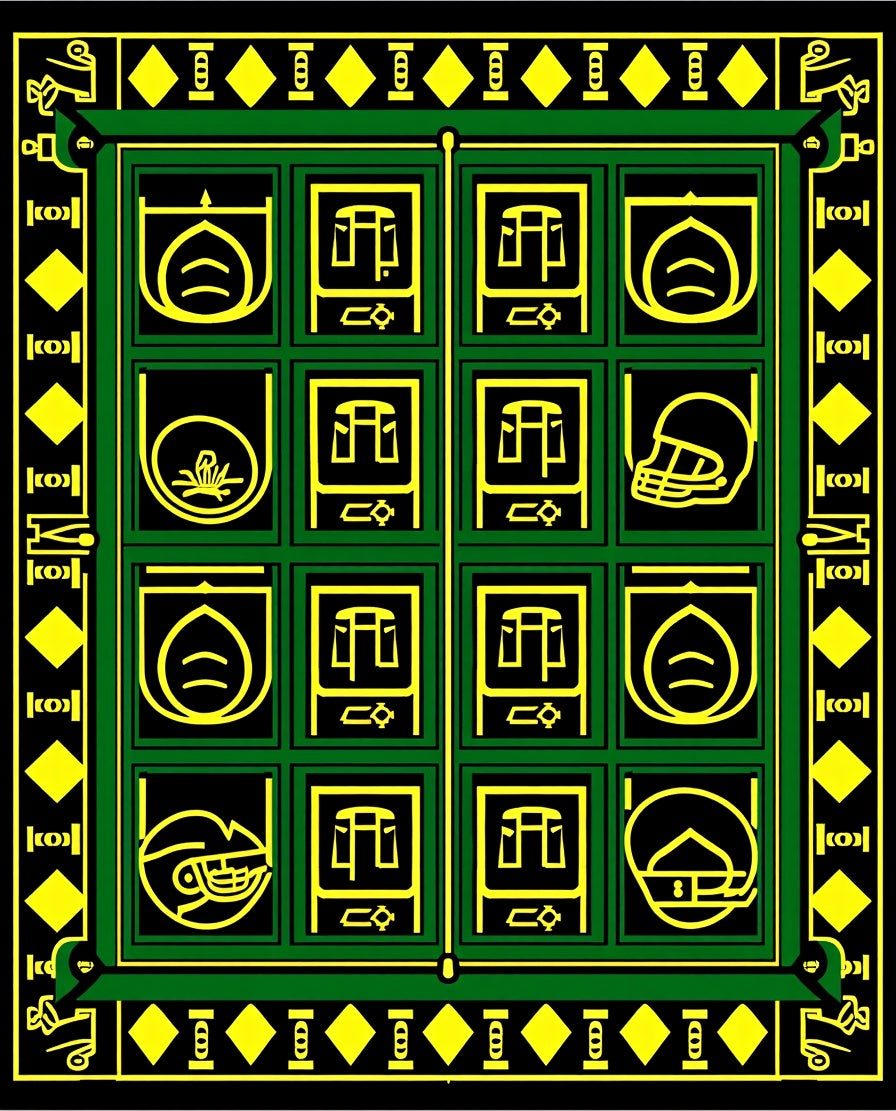 Green Black Yellow Emblematic Grid Rug
