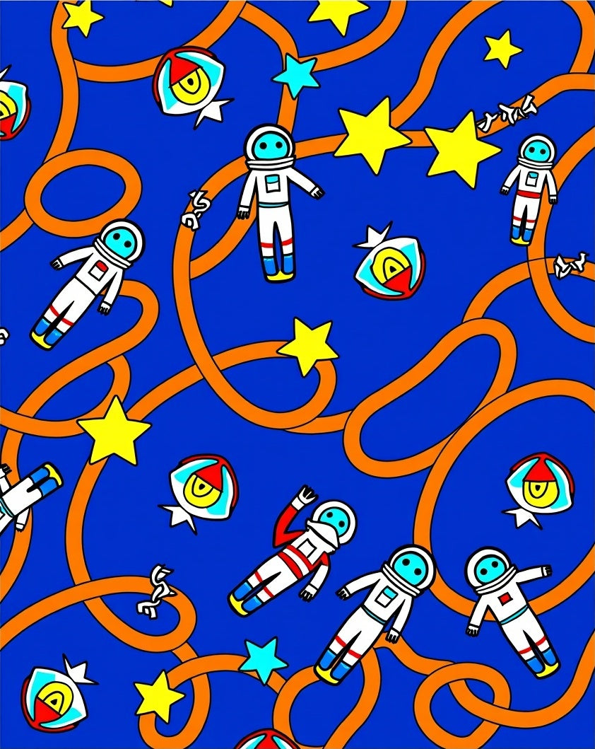Cosmic Astronauts Yellow Star Orange Swirl Rug