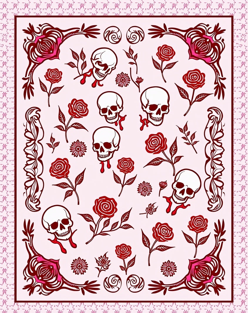 Dark Red Gothic Cranial Rose Arrangement Rug