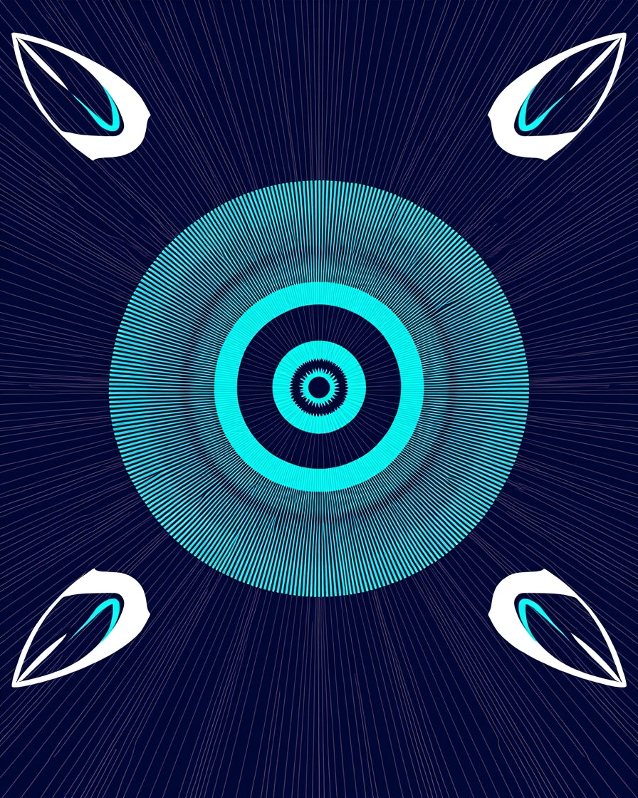 Cyan Concentric Circles White Petals Rug