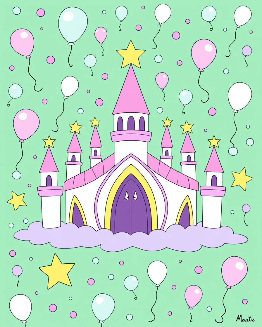 Pink Castle and Yellow Star Balloons Rug