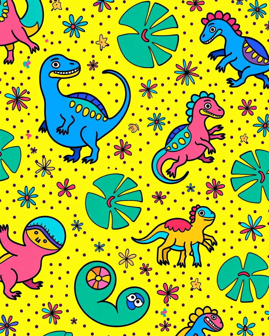 Bright Yellow Dinosaur Floral Fun Rug