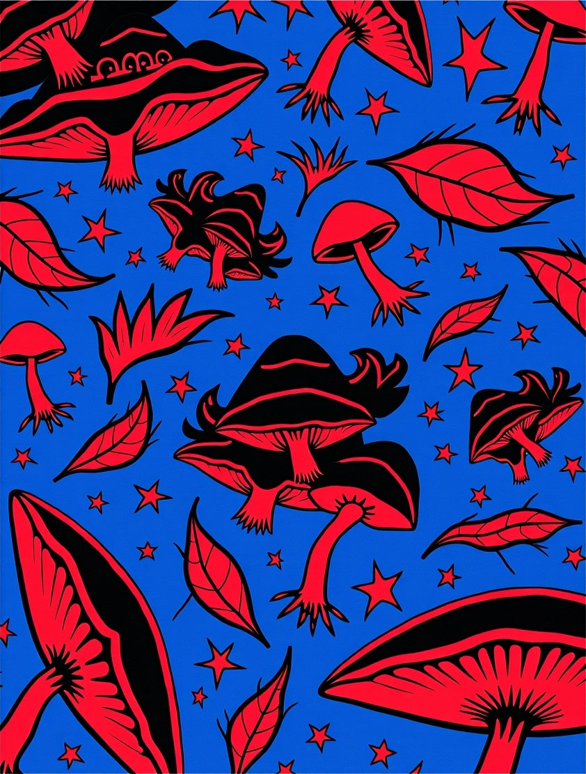 Red Fungi Stars Blue Background Rug