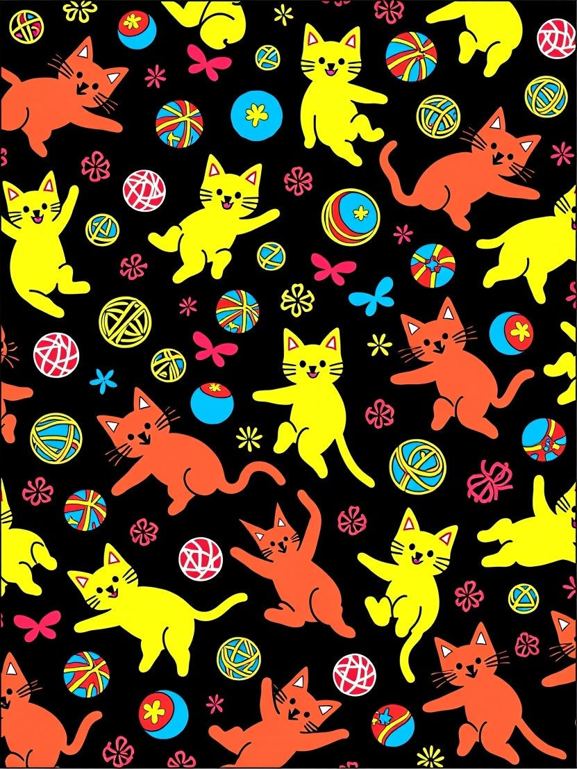 Playful Orange Yellow Cats Yarn Balls Rug