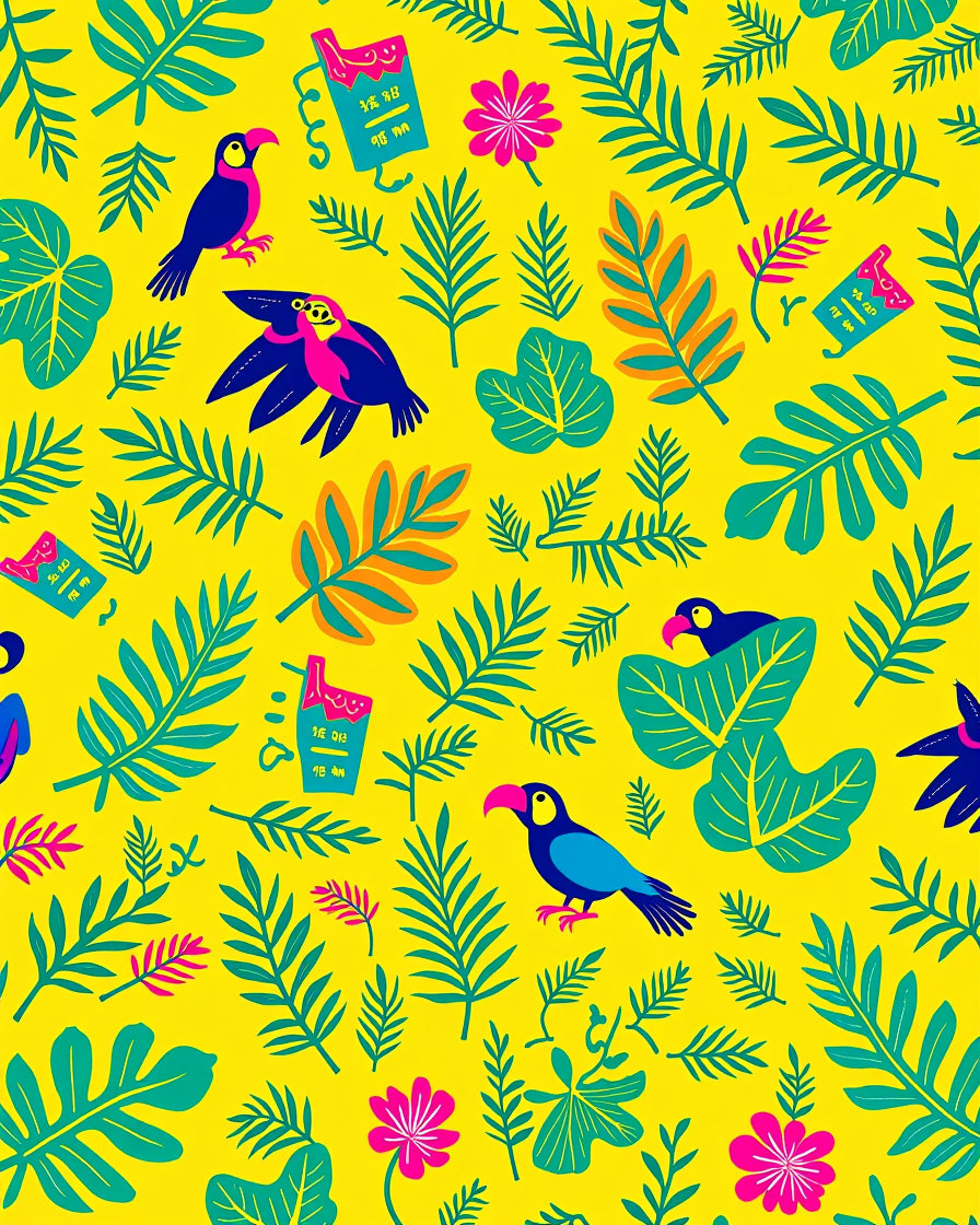 Bright Yellow Tropical Birds Flowers Rug
