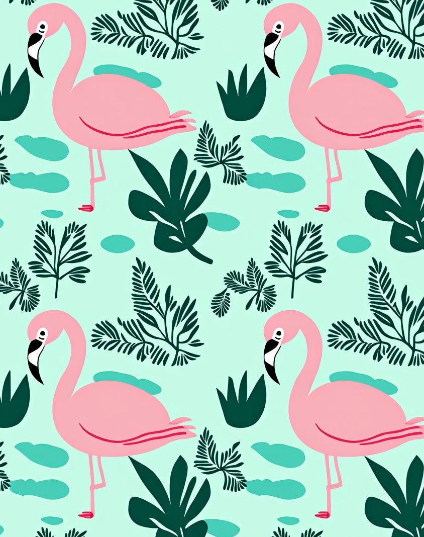 Playful Pink Flamingos Tropical Foliage Rug
