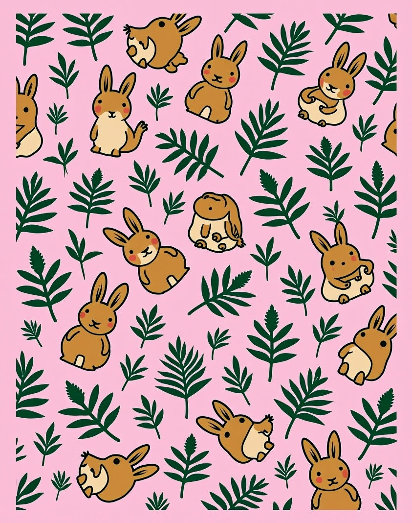 Cute Brown Bunny Green Leaf Pink Rug