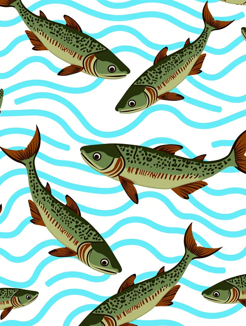 Green Speckled Fish Blue Waves Rug