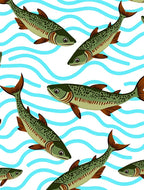 Green Speckled Fish Blue Waves Rug