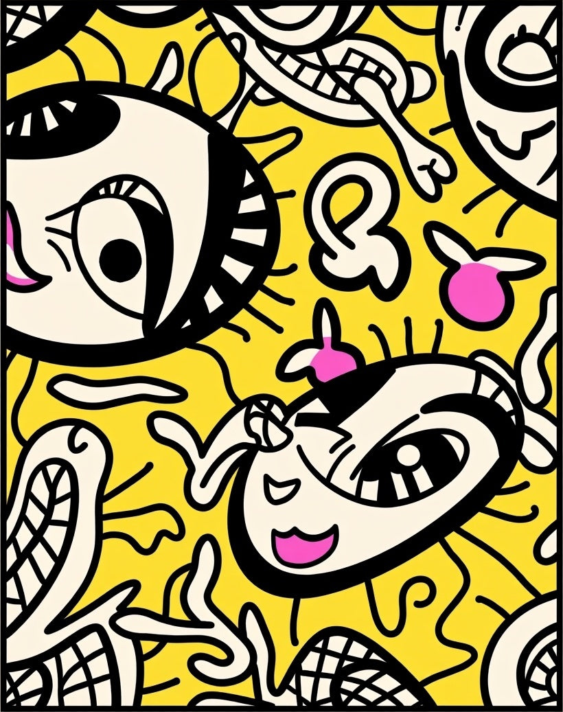 Whimsical Yellow Cartoon Character Assemblage Rug