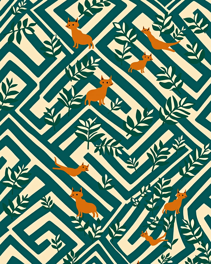 Orange Dogs Amidst Greenery Maze Rug