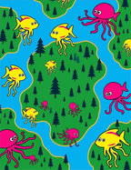 Vibrant Yellow Fish Pink Octopus Landscape Rug