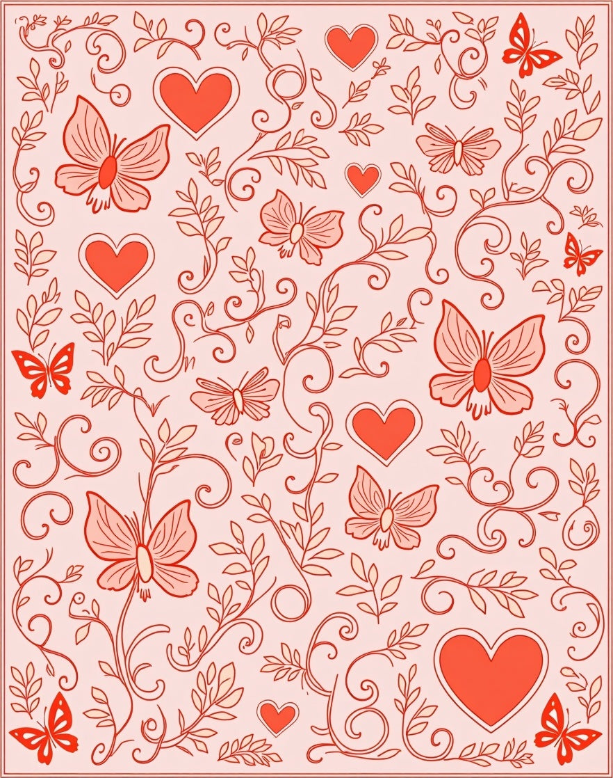 Coral Butterflies Hearts Floral Vines Rug