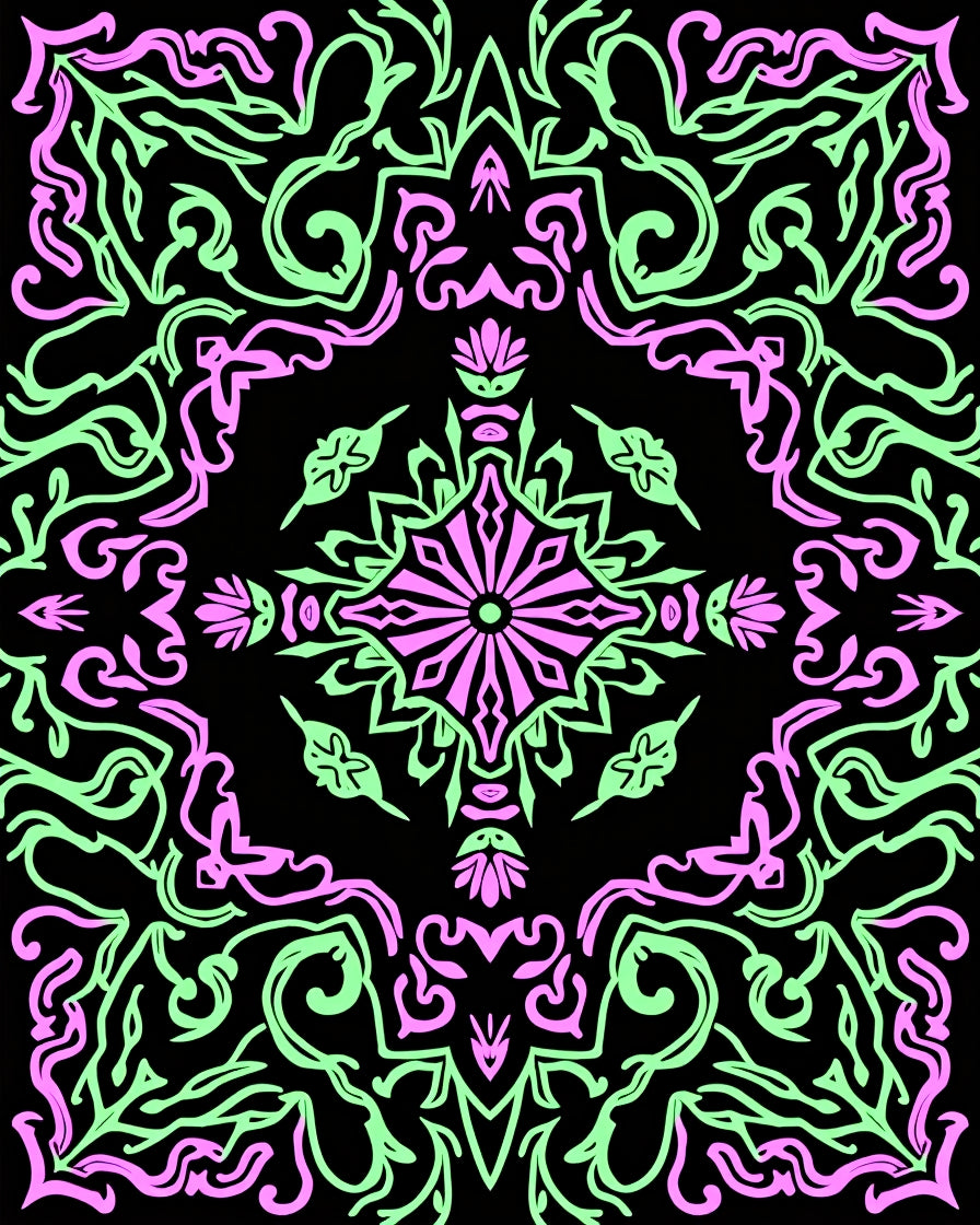Abstract Pink Green Floral Medallion Rug