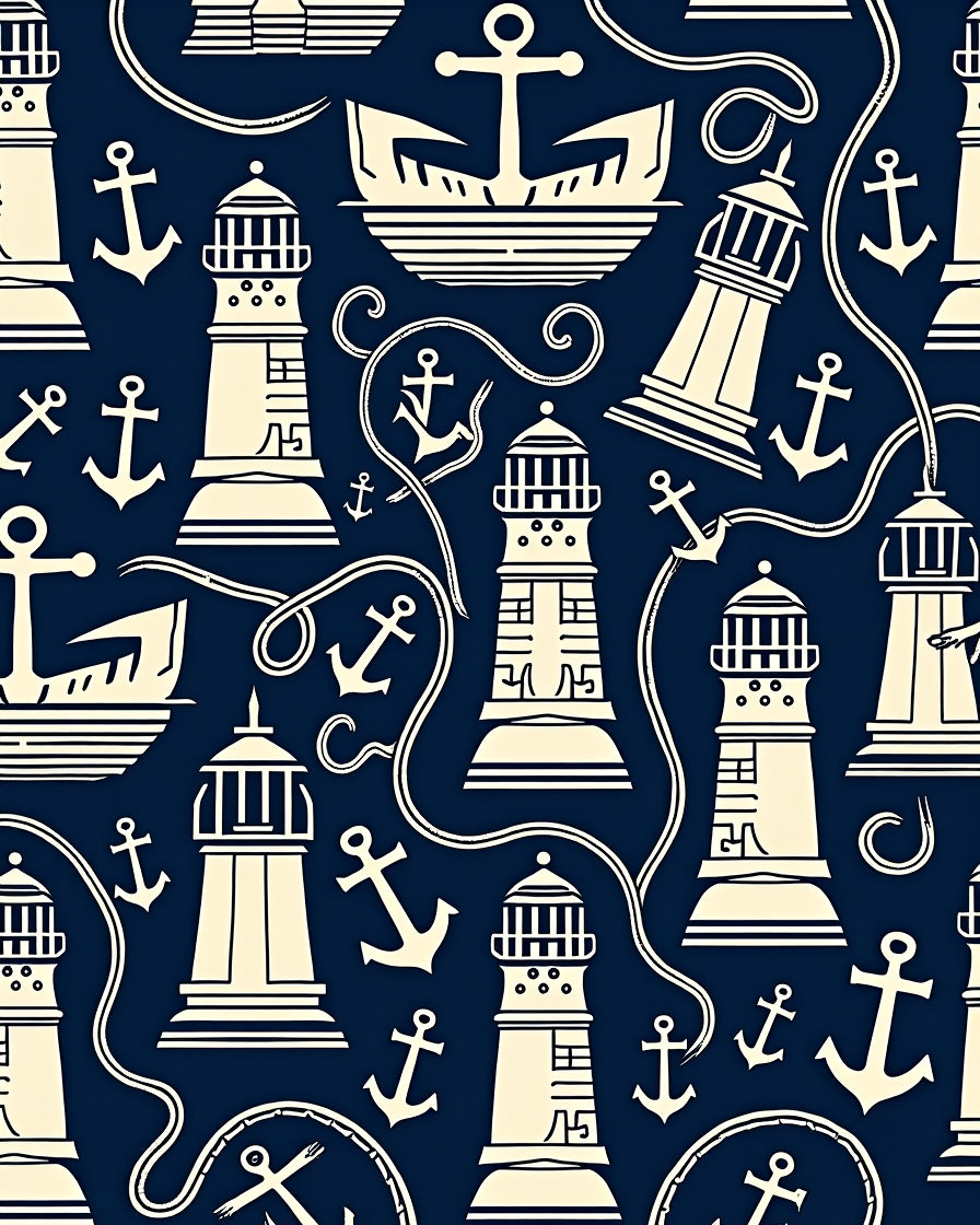 Navy Cream Nautical Lighthouses Anchors Rug