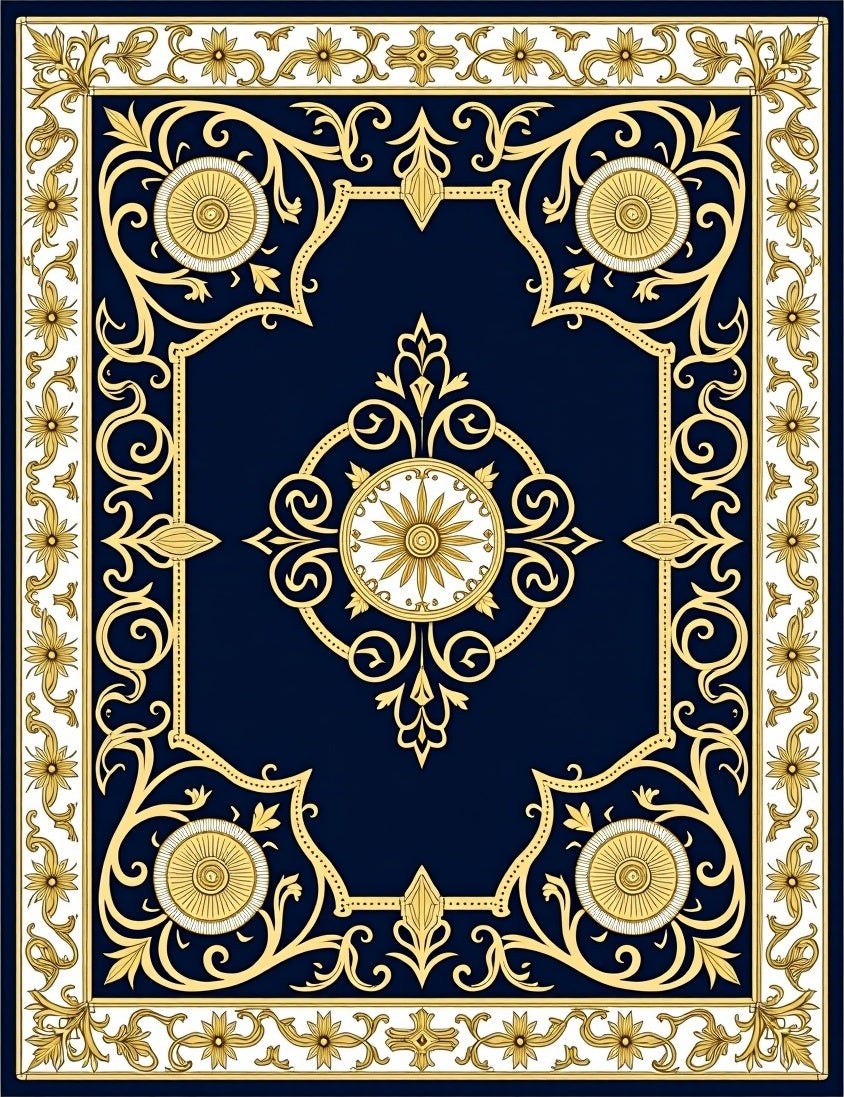 Regal Navy Gold Gilded Floral Medallion Rug