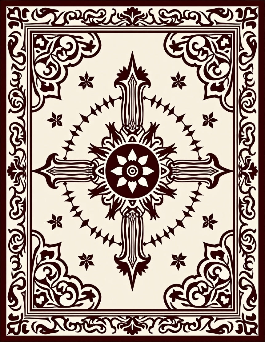 Dark Crimson Ornamental Medallion Frame Rug